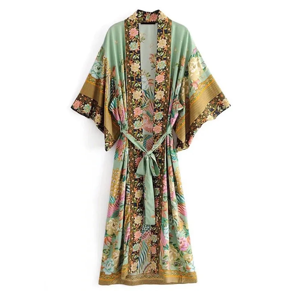 GREEN ORIENTAL FLORAL PRINT KIMONO BLOUSE