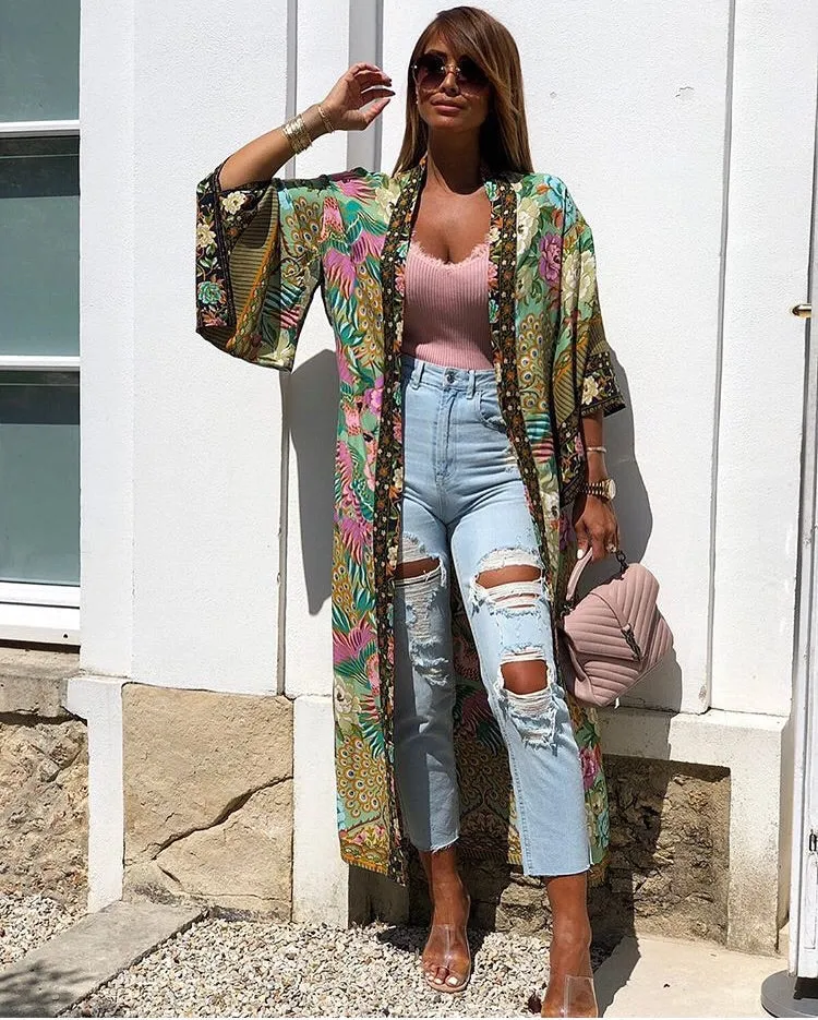 GREEN ORIENTAL FLORAL PRINT KIMONO BLOUSE