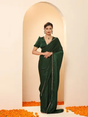 Green Posh Velvety Saree with Lace and Blouse Fabric