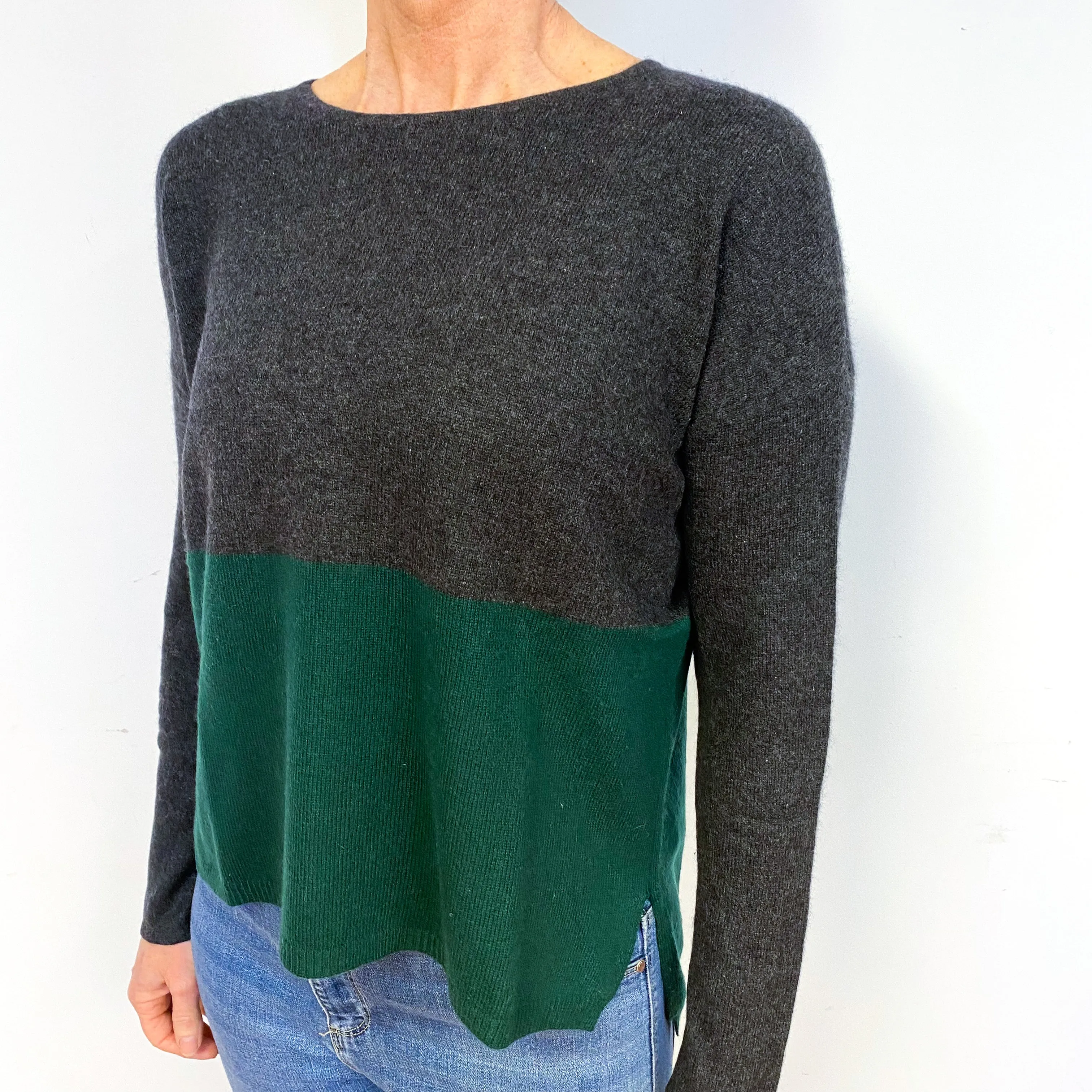 Grey and Green Boxy Cashmere Crew Neck Jumper Medium