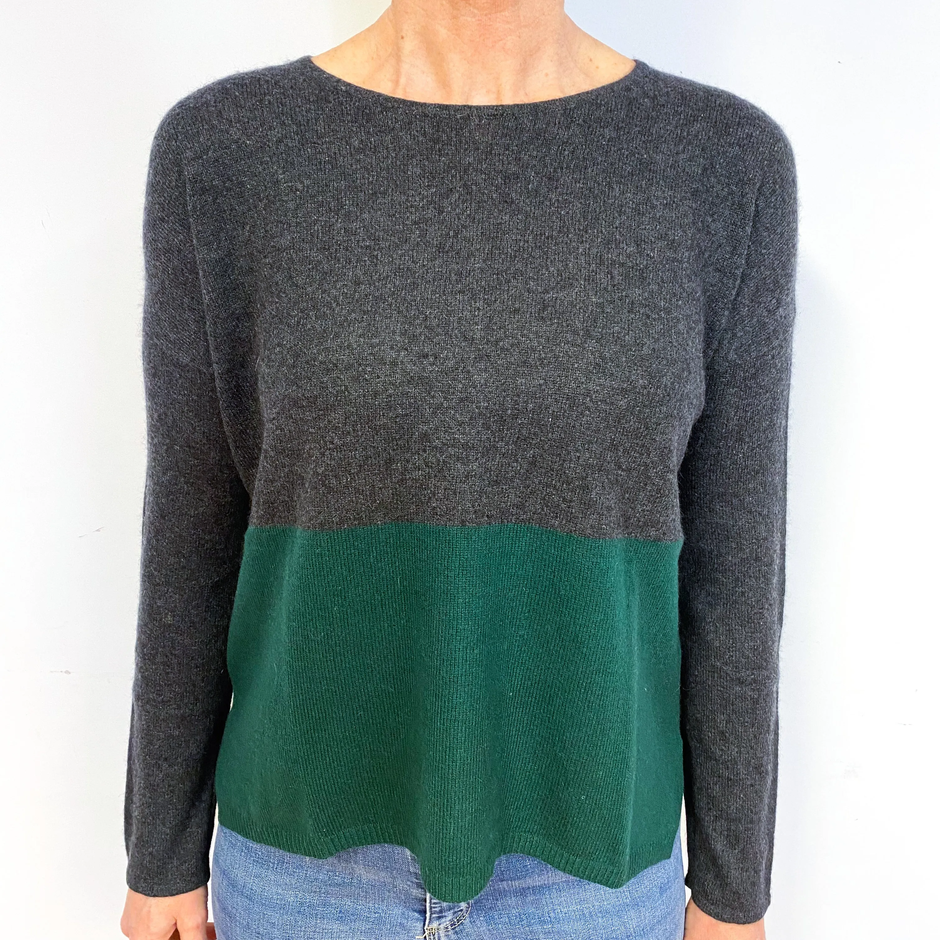 Grey and Green Boxy Cashmere Crew Neck Jumper Medium