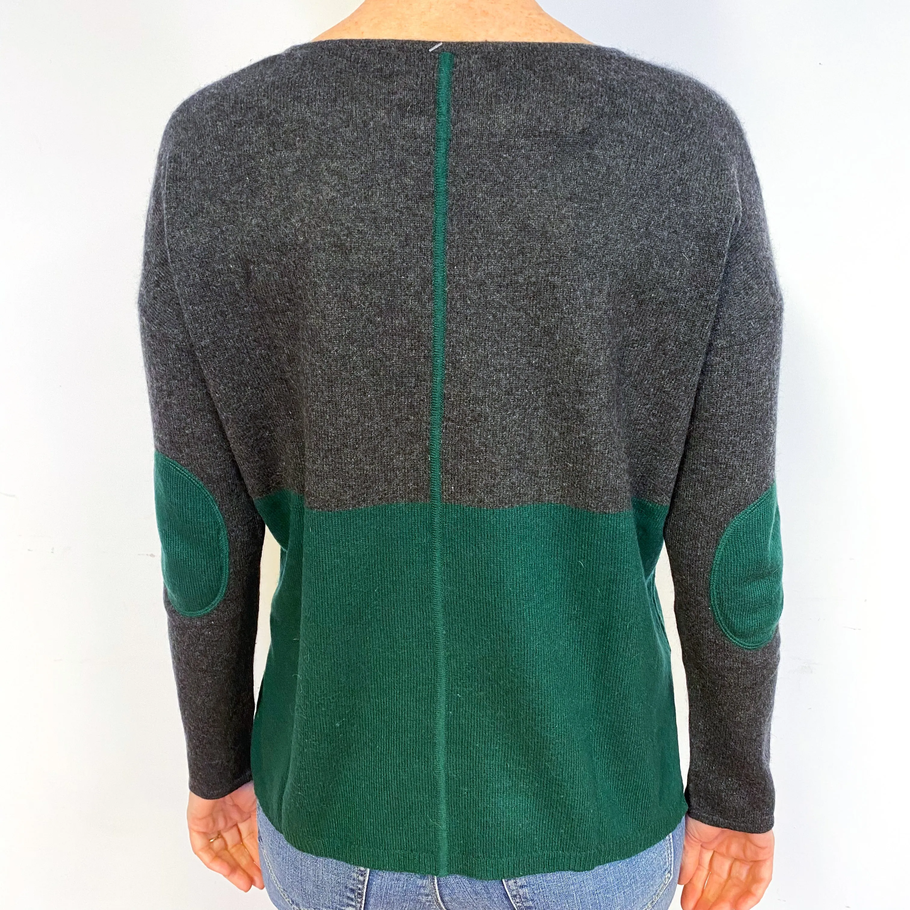 Grey and Green Boxy Cashmere Crew Neck Jumper Medium