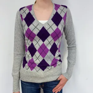 Grey and Purple Diamond Cashmere V-Neck Jumper