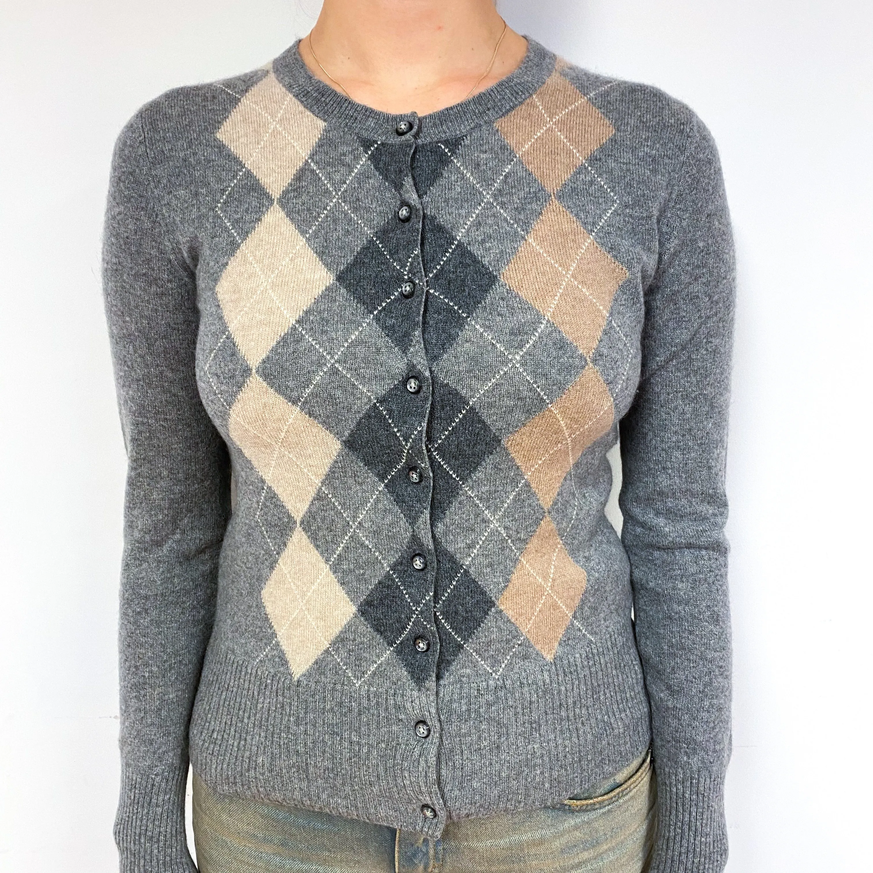 Grey Beige Argyle Cashmere Crew Neck Cardigan Small