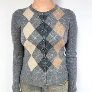 Grey Beige Argyle Cashmere Crew Neck Cardigan Small