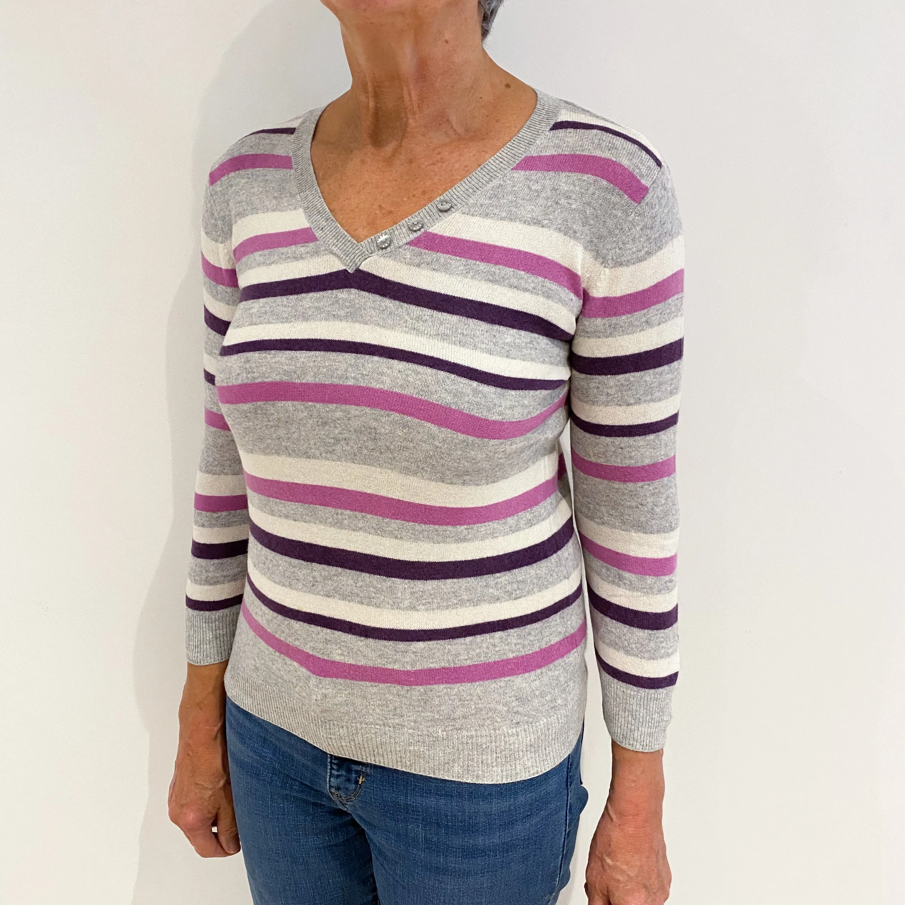 Grey Purple Stripe Cashmere V-Neck Jumper Medium