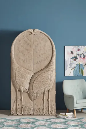 Hand Carved Armoire | Two Cranes Carved Antique Wardrobe