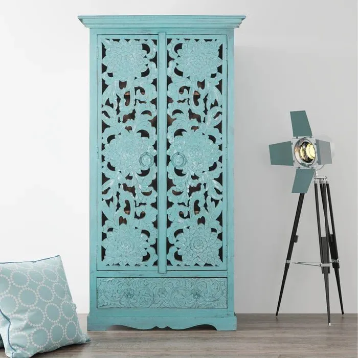 Hand Carved Solid Wooden Armoire Wardrobe in Light Blue Color