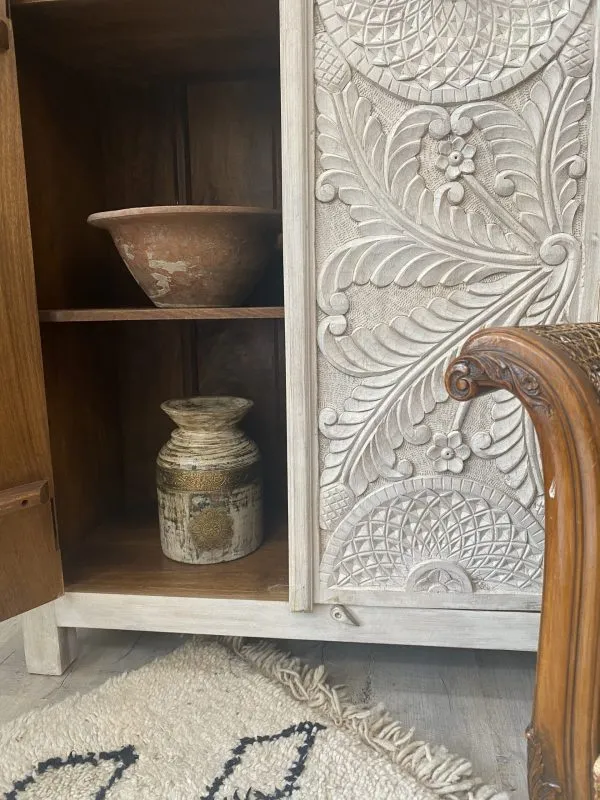 Hand Carved Wooden Armoire | Indian Wardrobe in White Color