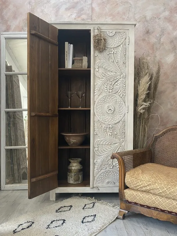 Hand Carved Wooden Armoire | Indian Wardrobe in White Color