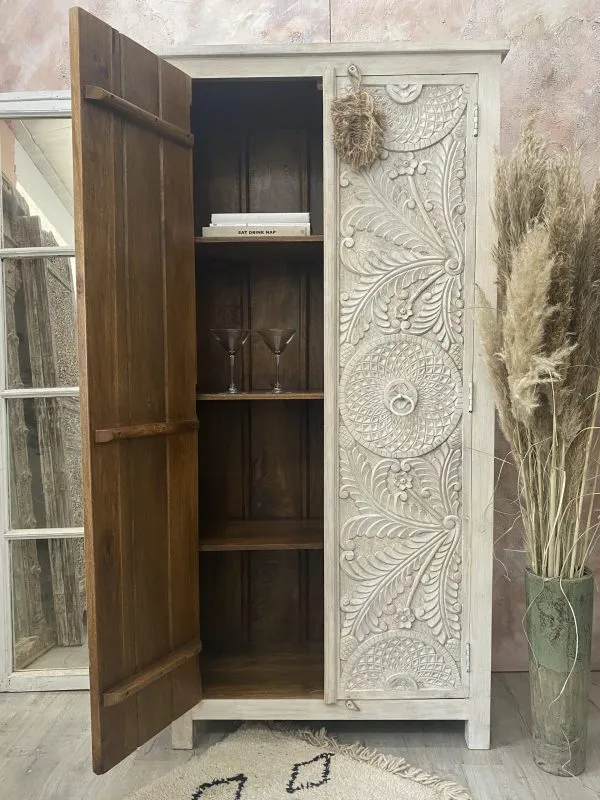 Hand Carved Wooden Armoire | Indian Wardrobe in White Color