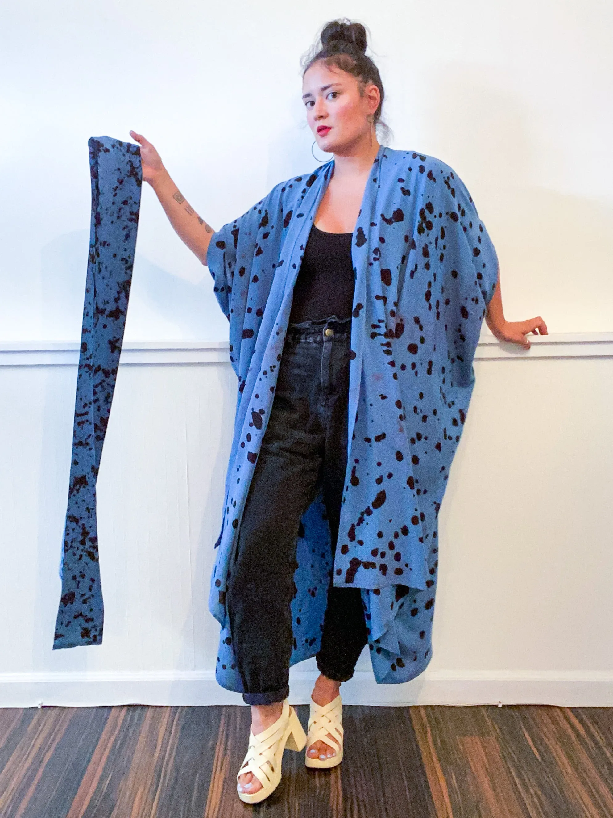 Hand-Dyed High Low Kimono Blue Black Pink Drops
