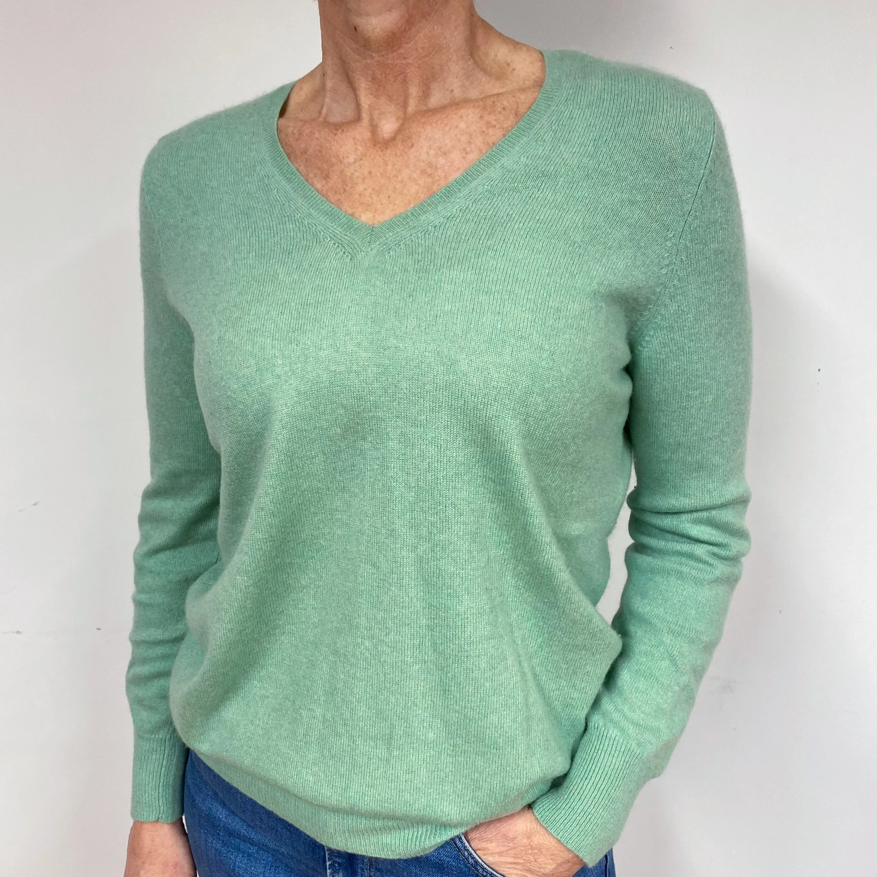 Hellebore Green Cashmere V-Neck Jumper Medium