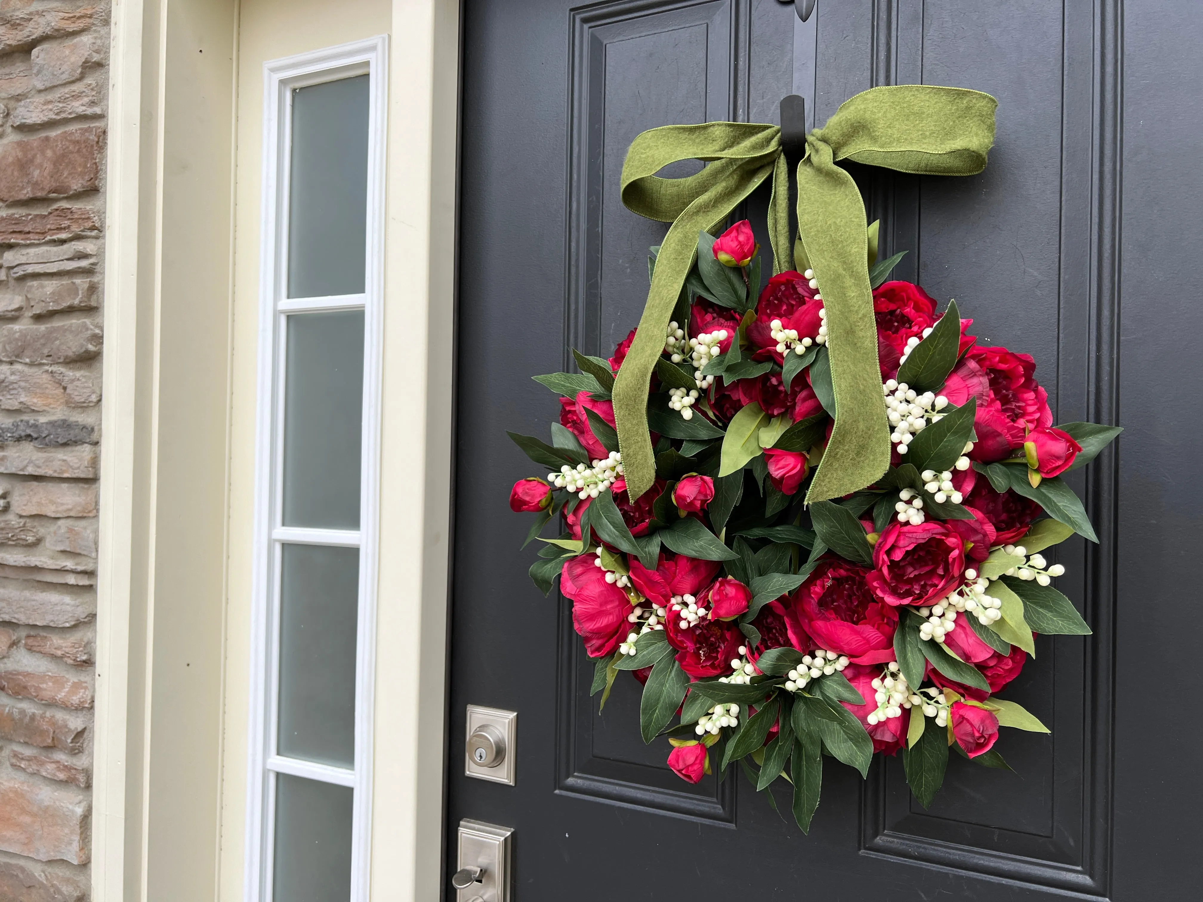 Holiday Red Peony Wreath with with Cream Berries