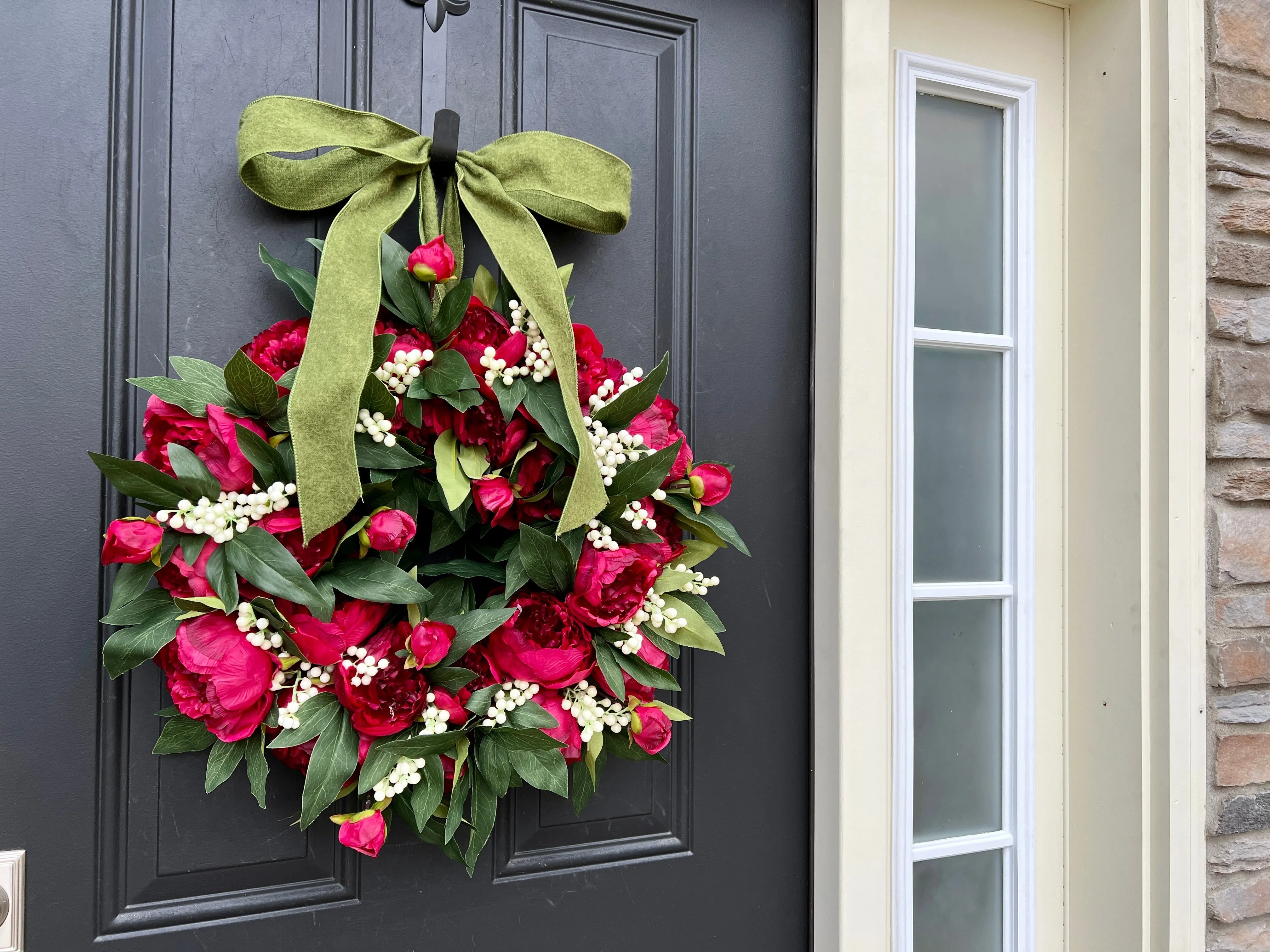 Holiday Red Peony Wreath with with Cream Berries