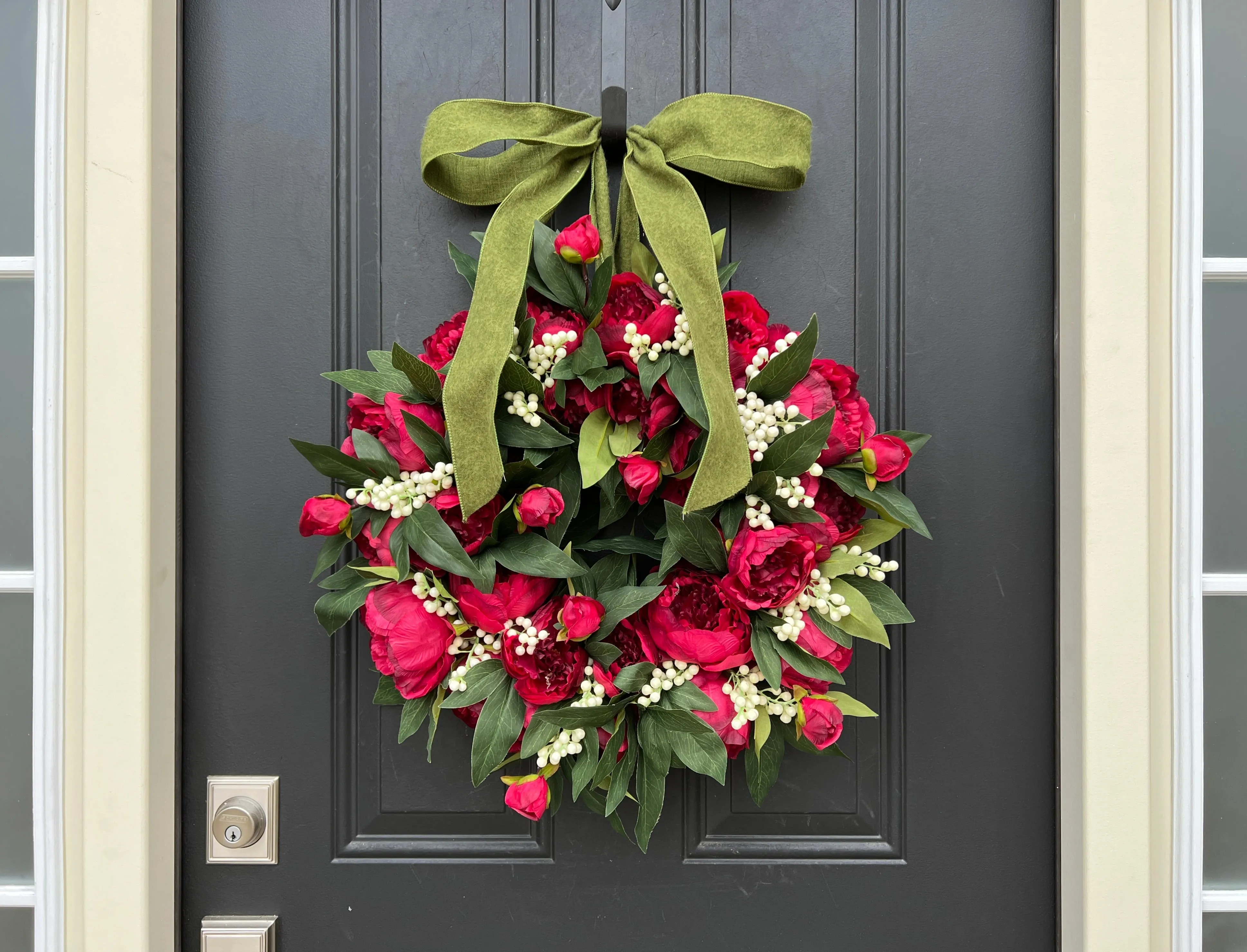 Holiday Red Peony Wreath with with Cream Berries