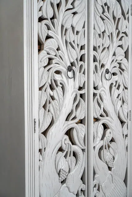 Indian Hand-Carved Jungle Elephant Designed Armoire Wardrobe White Color