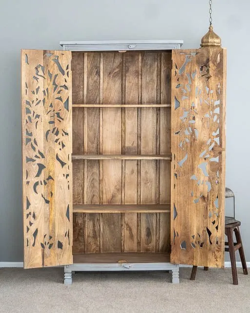 Indian Hand-Carved Jungle Elephant Designed Armoire Wardrobe White Color