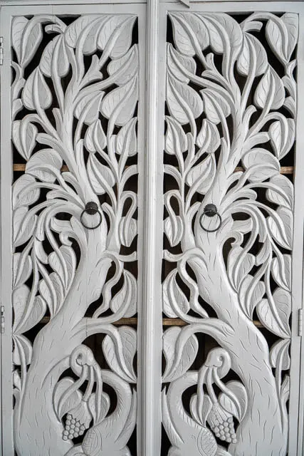 Indian Hand-Carved Jungle Elephant Designed Armoire Wardrobe White Color
