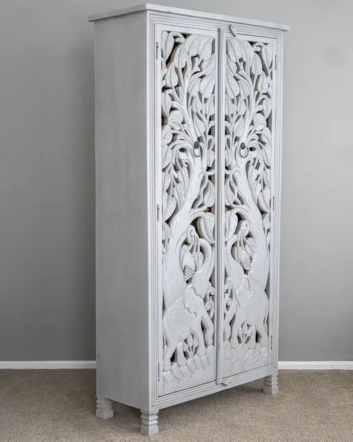 Indian Hand-Carved Jungle Elephant Designed Armoire Wardrobe White Color