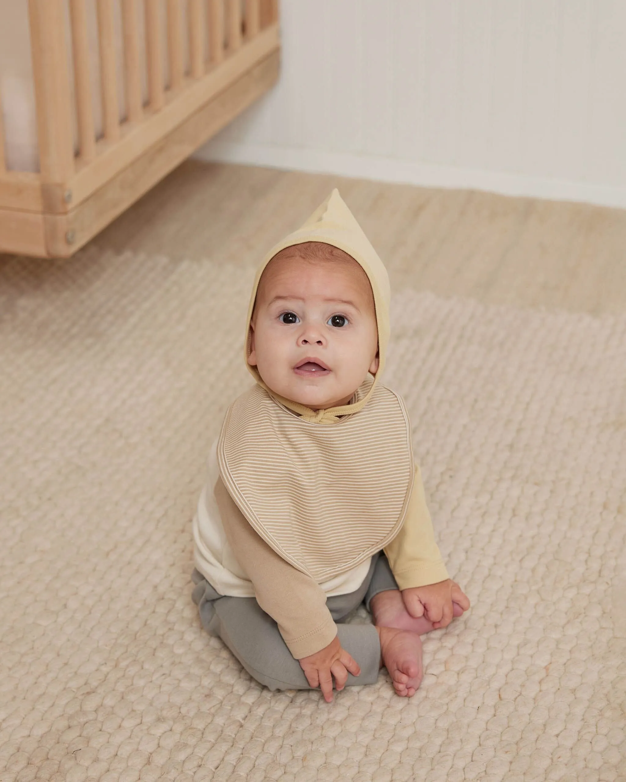 Jersey Snap Bib || Doves, Latte Micro Stripe