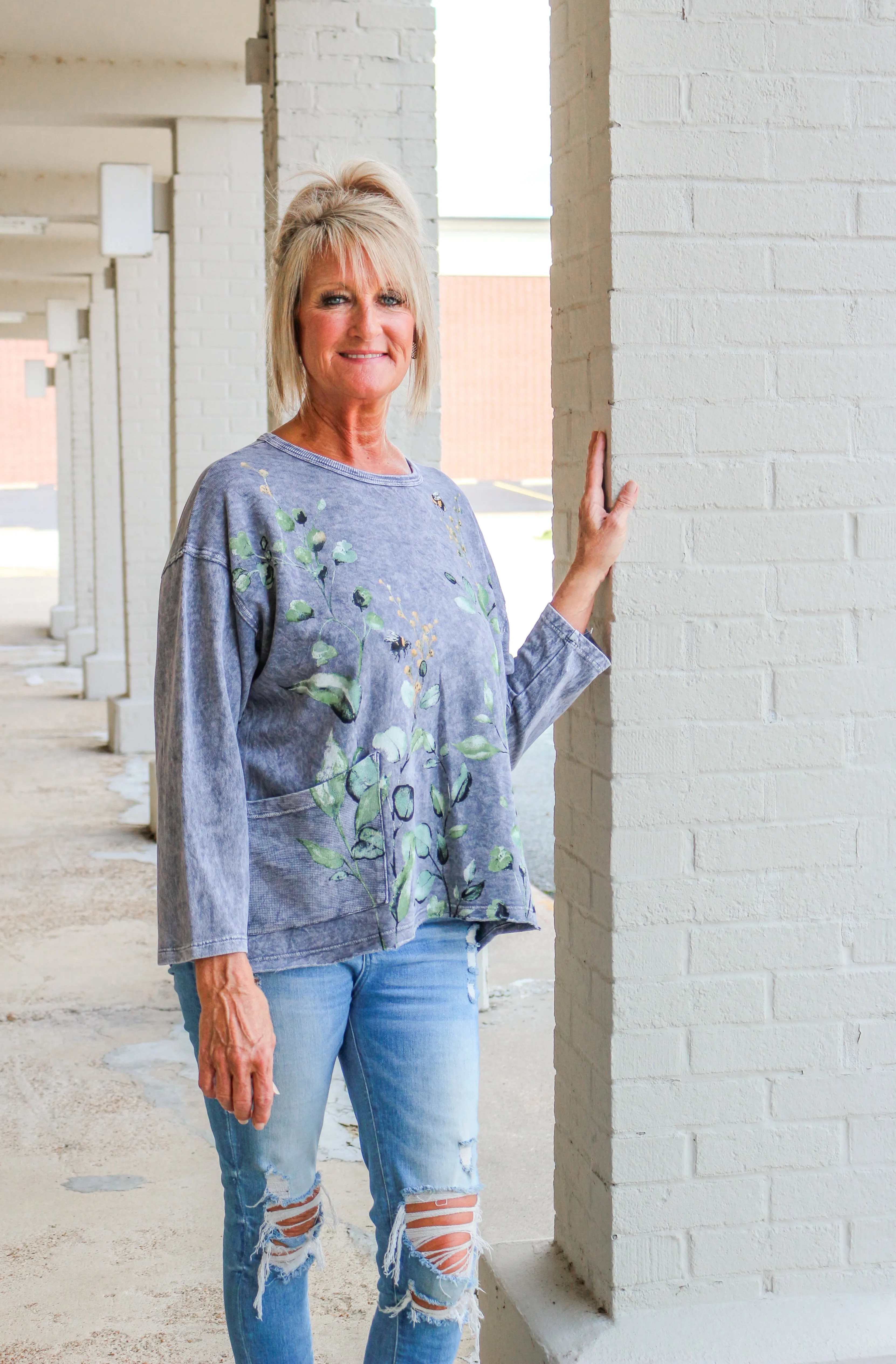 Jess & Jane "Kelly" Grey Mineral Washed Drop Shoulder Top