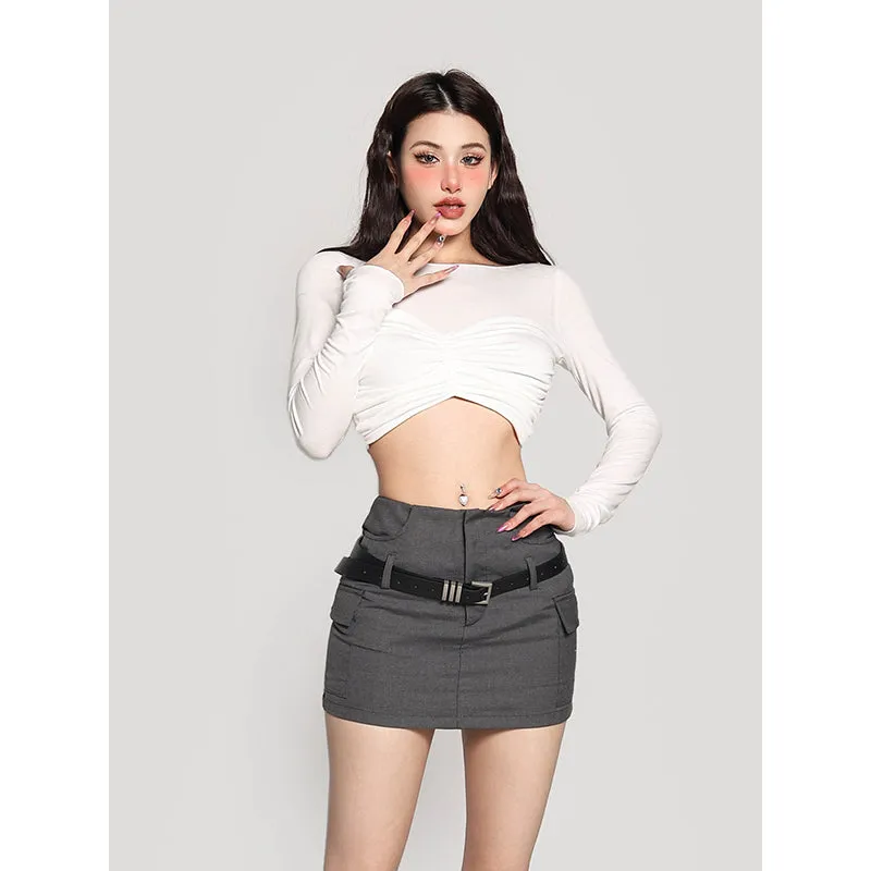 Lizzie Solid Color White Twist Long-sleeved Cropped Top
