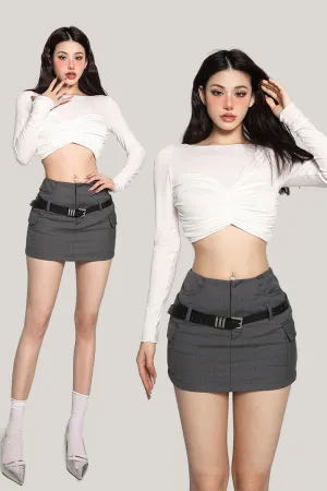 Lizzie Solid Color White Twist Long-sleeved Cropped Top