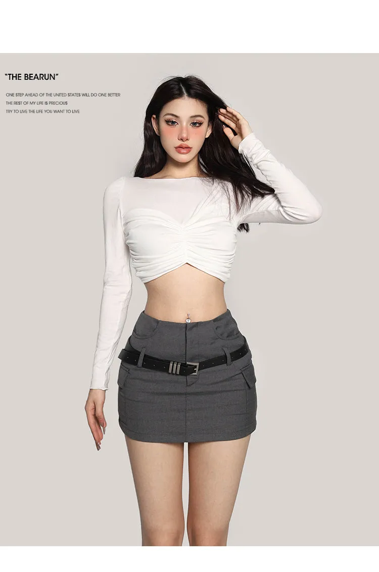 Lizzie Solid Color White Twist Long-sleeved Cropped Top