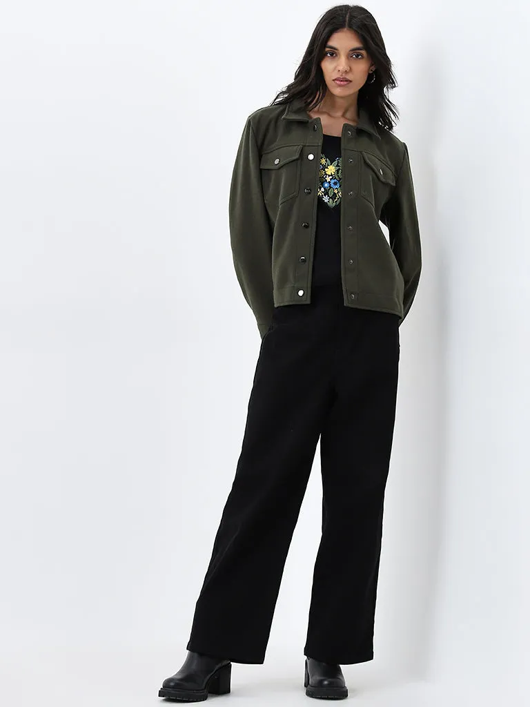 LOV Olive Green Velvet Textured Jacket