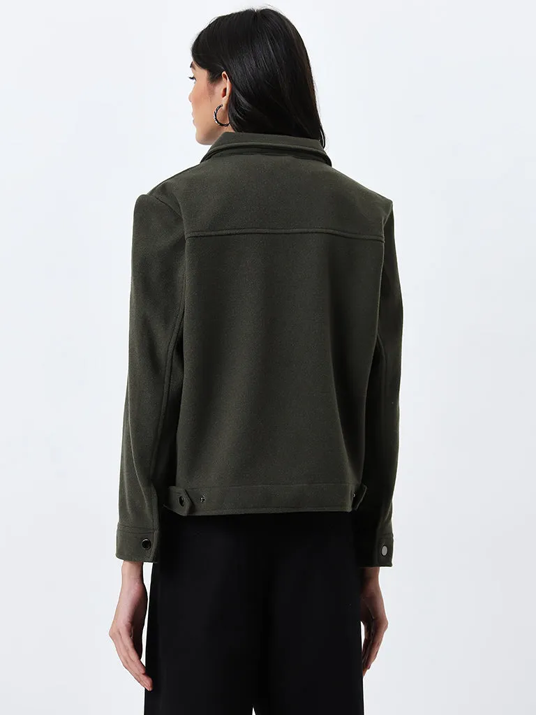 LOV Olive Green Velvet Textured Jacket
