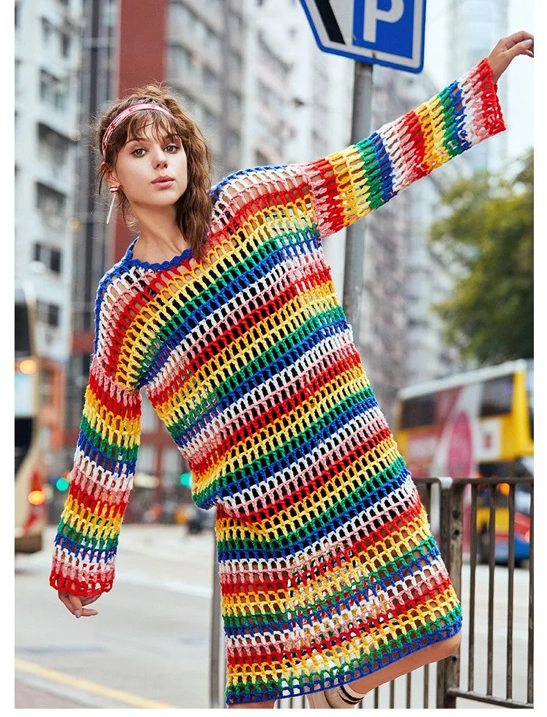 MAXMARTIN RAINBOW STRIPE KNITTED JUMPER DRESS