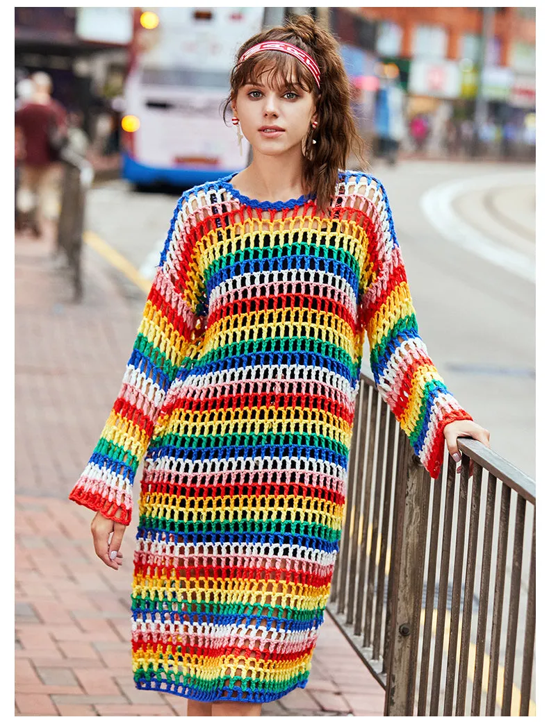 MAXMARTIN RAINBOW STRIPE KNITTED JUMPER DRESS