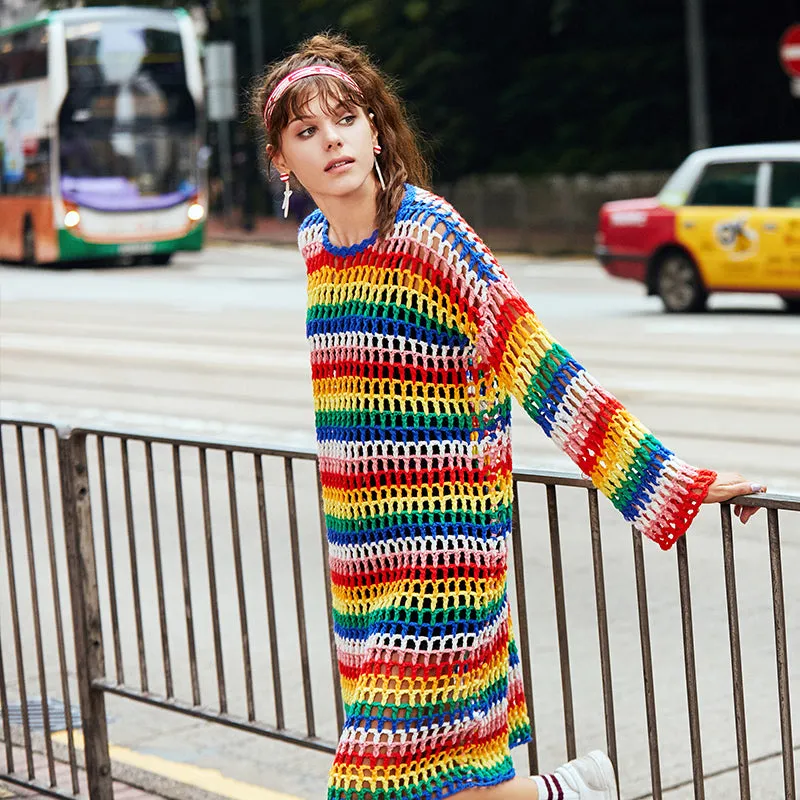 MAXMARTIN RAINBOW STRIPE KNITTED JUMPER DRESS