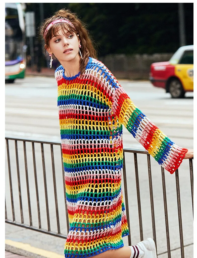 MAXMARTIN RAINBOW STRIPE KNITTED JUMPER DRESS