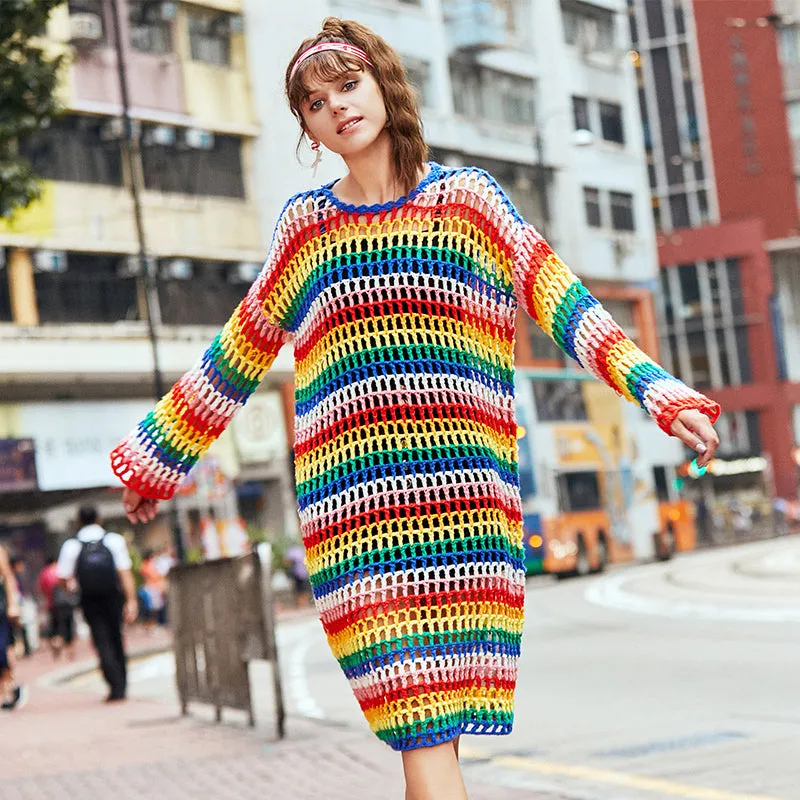 MAXMARTIN RAINBOW STRIPE KNITTED JUMPER DRESS