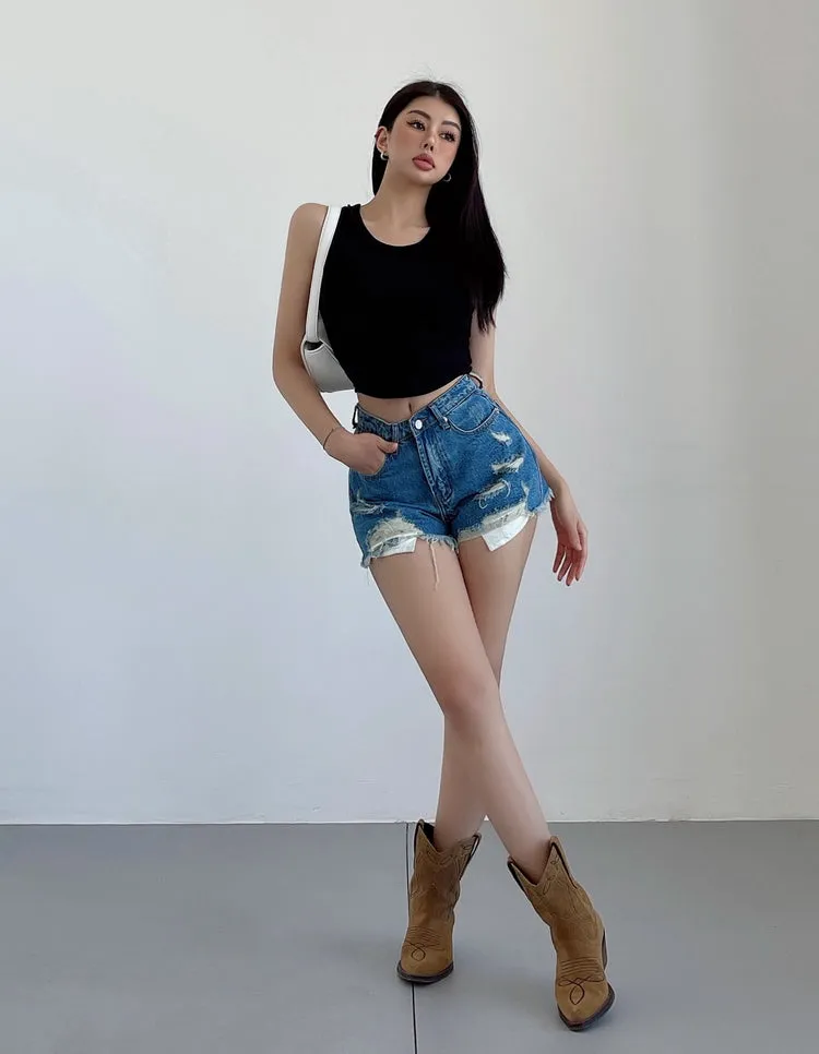 Mielle Solid Color U-Neck Wide Strap Slim Sleeveless Cropped Top