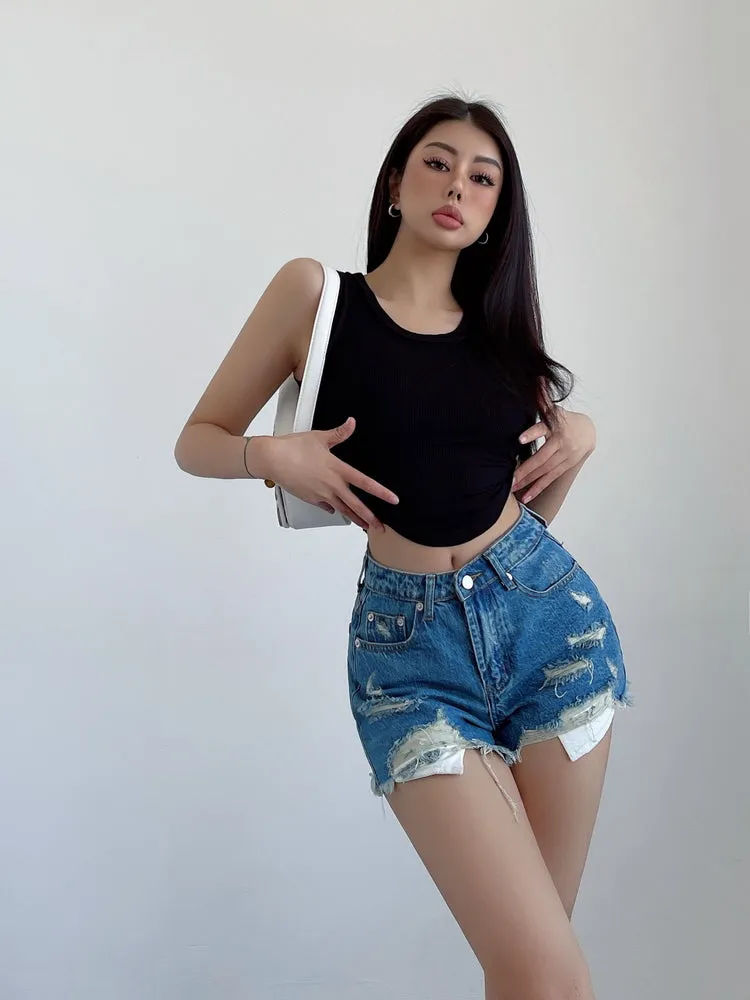 Mielle Solid Color U-Neck Wide Strap Slim Sleeveless Cropped Top