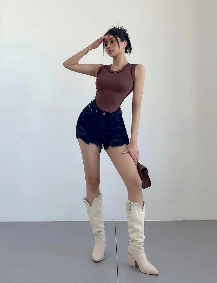 Mielle Solid Color U-Neck Wide Strap Slim Sleeveless Cropped Top