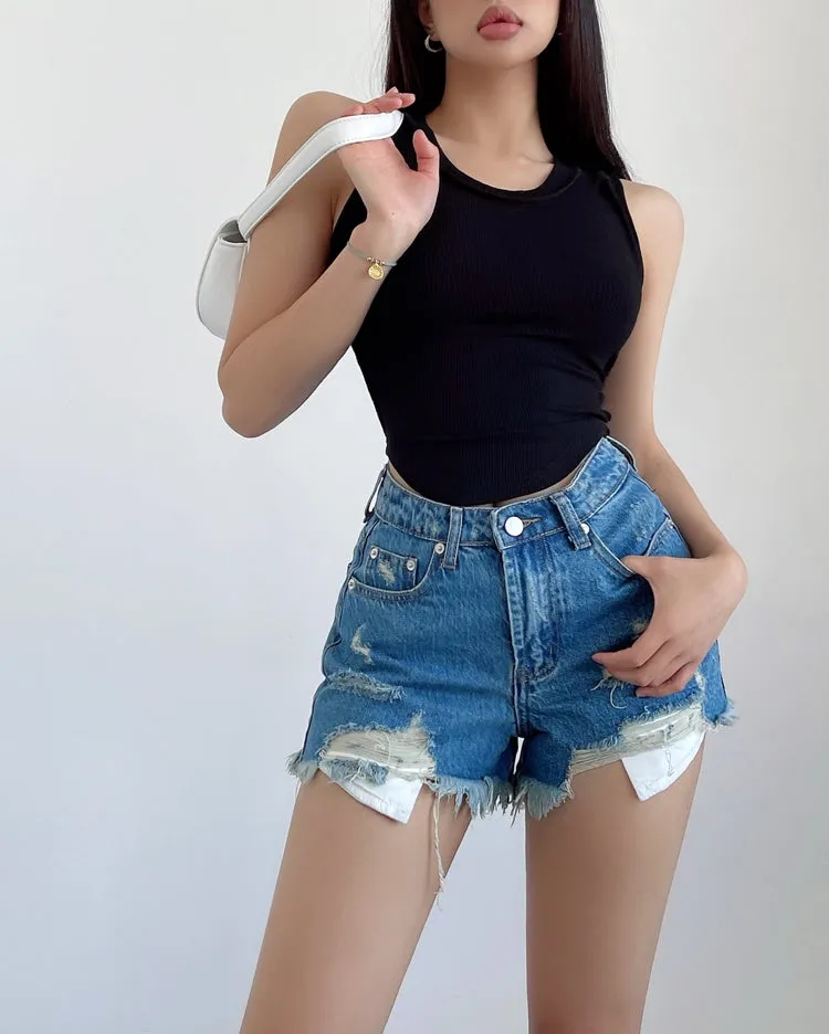 Mielle Solid Color U-Neck Wide Strap Slim Sleeveless Cropped Top