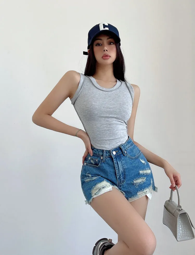 Mielle Solid Color U-Neck Wide Strap Slim Sleeveless Cropped Top