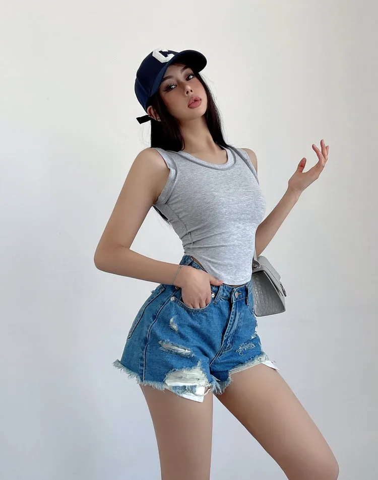 Mielle Solid Color U-Neck Wide Strap Slim Sleeveless Cropped Top