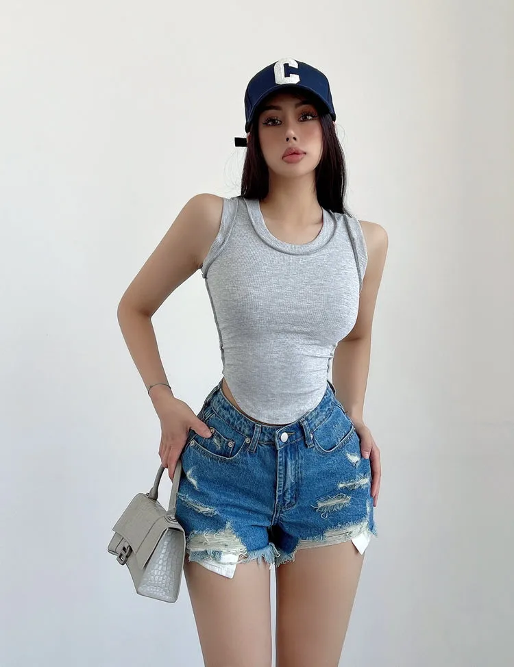 Mielle Solid Color U-Neck Wide Strap Slim Sleeveless Cropped Top