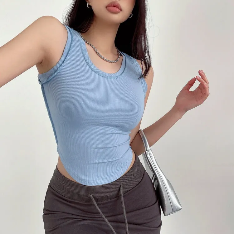 Mielle Solid Color U-Neck Wide Strap Slim Sleeveless Cropped Top