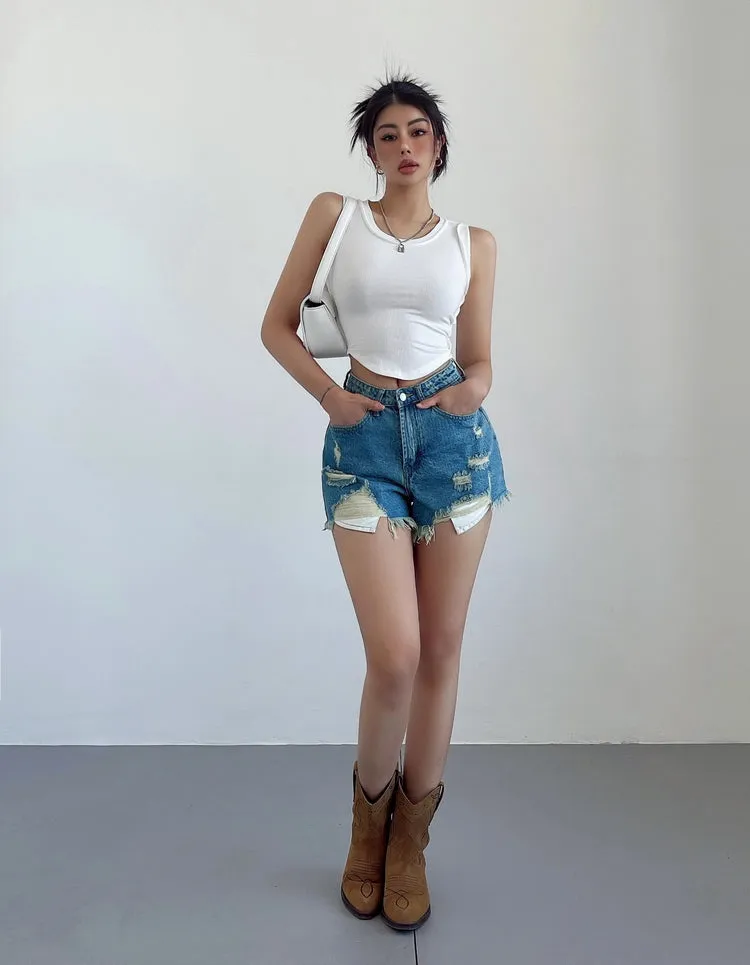 Mielle Solid Color U-Neck Wide Strap Slim Sleeveless Cropped Top