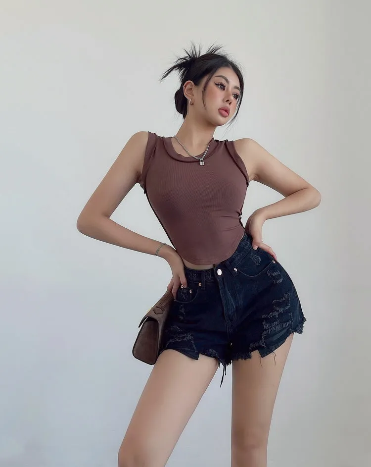 Mielle Solid Color U-Neck Wide Strap Slim Sleeveless Cropped Top