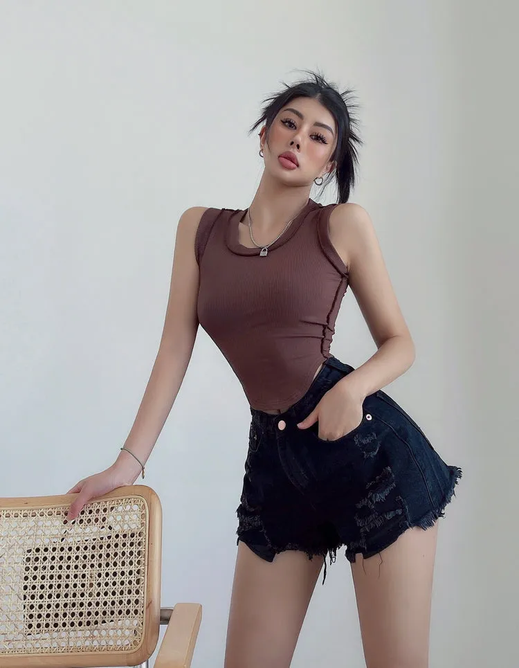 Mielle Solid Color U-Neck Wide Strap Slim Sleeveless Cropped Top