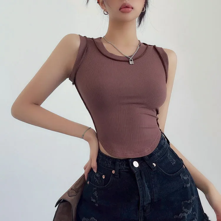 Mielle Solid Color U-Neck Wide Strap Slim Sleeveless Cropped Top