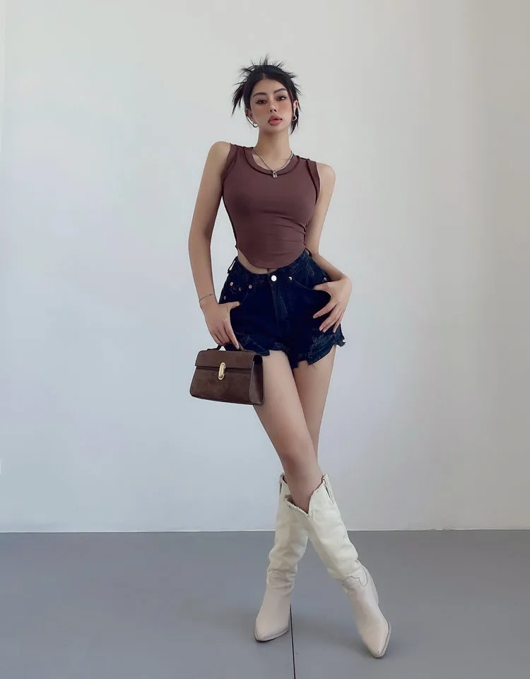 Mielle Solid Color U-Neck Wide Strap Slim Sleeveless Cropped Top