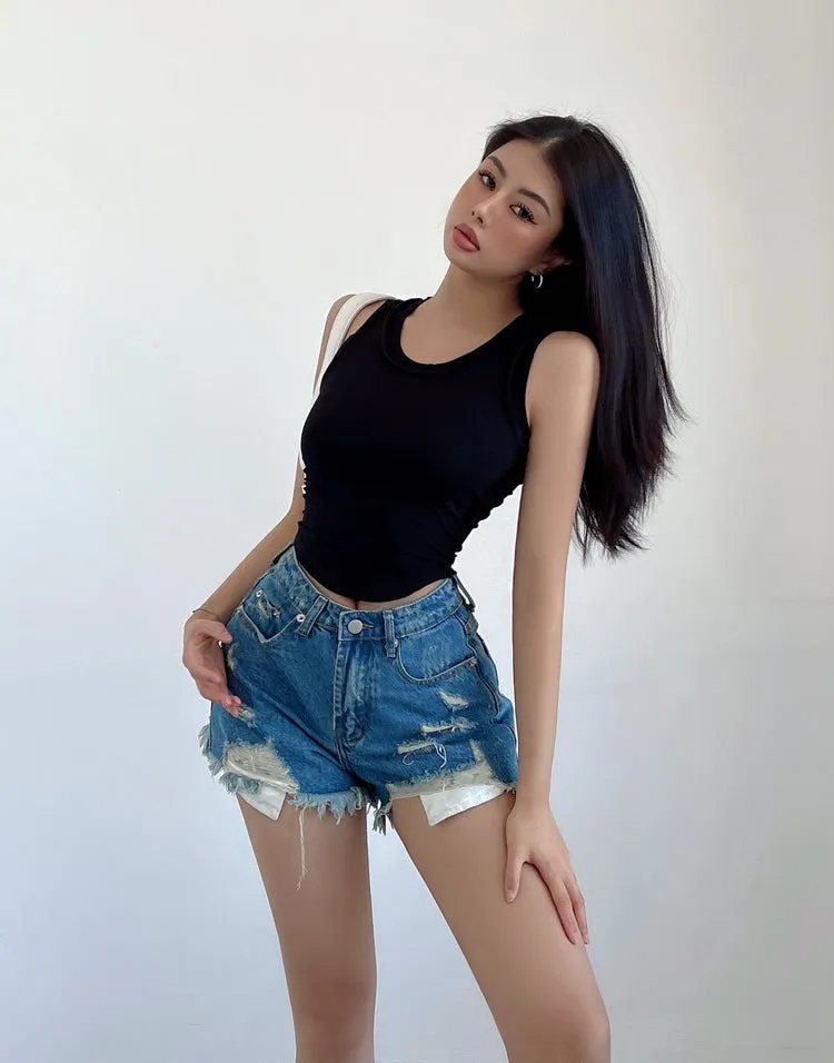 Mielle Solid Color U-Neck Wide Strap Slim Sleeveless Cropped Top